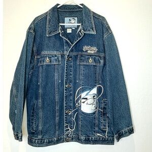 Vintage South Pole Denim Embroidered Character Long Jean Jacket Size Large